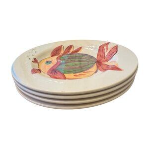 Set Of 4 Tabletops Gallery Pescada Hand-Painted Ceramic Fish Design Dinner Plate